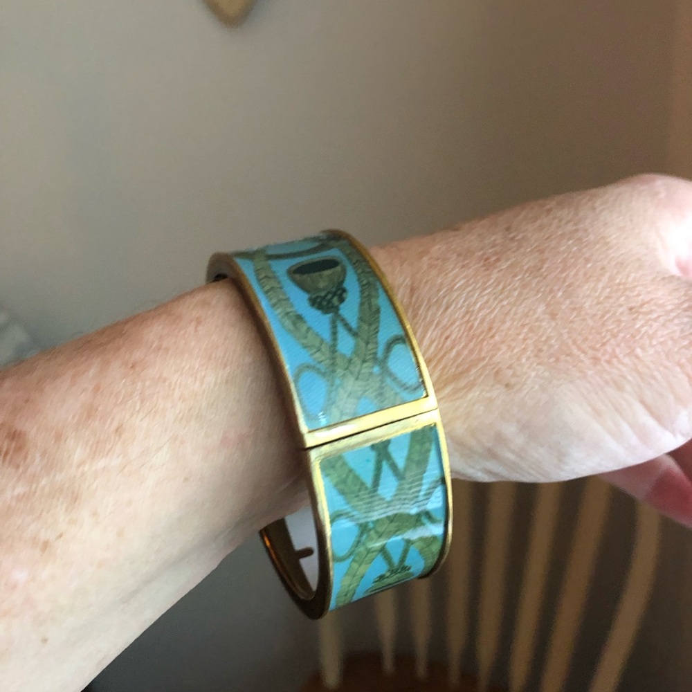 Stylish Gold and Teal Hinged Bangle Bracelet